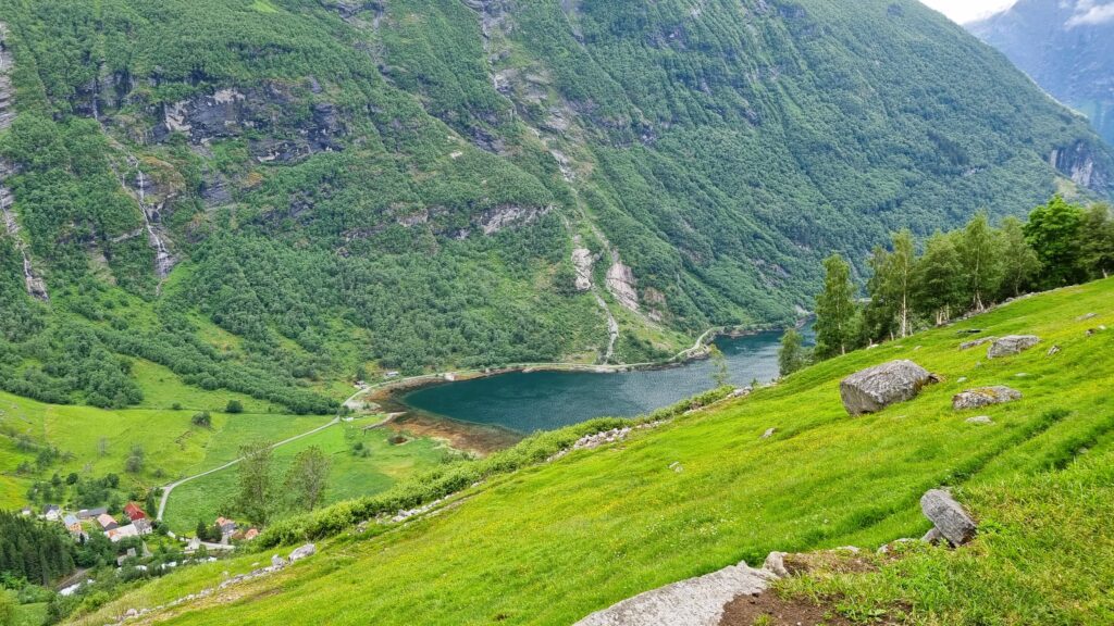 Panoramic view of Geirangerfjord from the trail to Storsæterfossen.