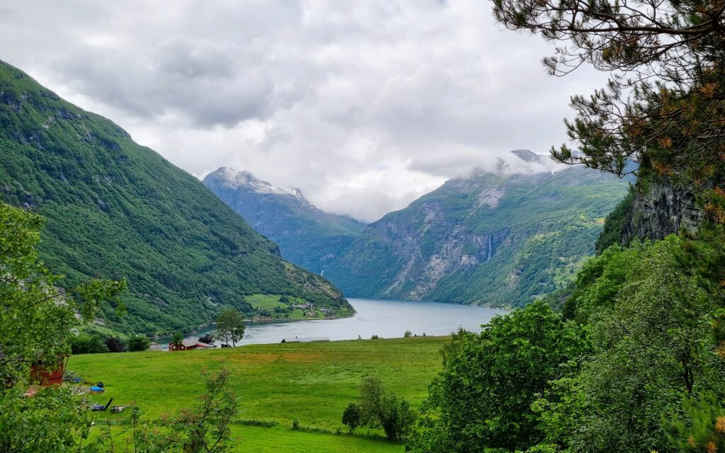 Hiking in Geiranger to woterfall - Looking down at Geiranger and the fjord.