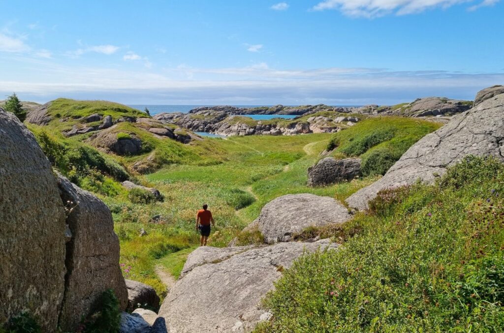 Hiking path between rocks and heather at Ogna coastal walk in Norway's hidden beaches
