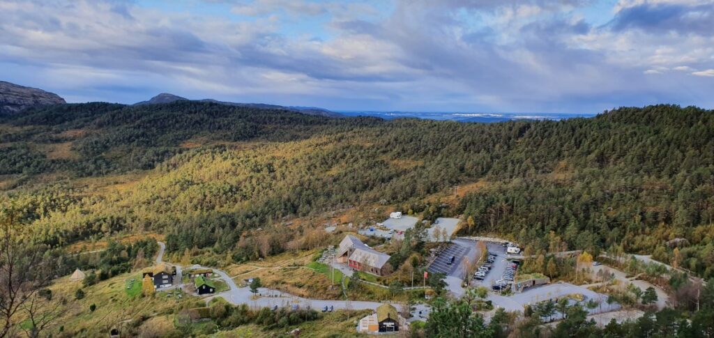 Looking back towards Preikestolen Mountain Lodge and the parking lot far below.